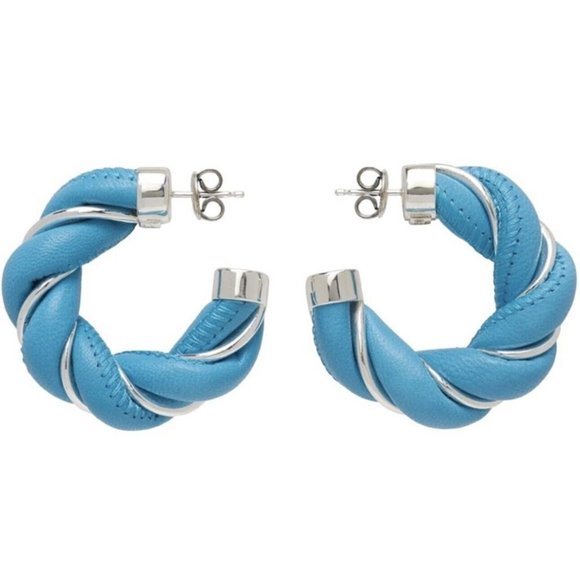 NEW BOTTEGA VENETA Twist Blue Silver-plated Leather Hoop Earrings Round - Picture 1 of 6